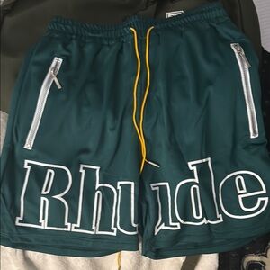 Rhude Green Athletic Shorts with Bold Branding